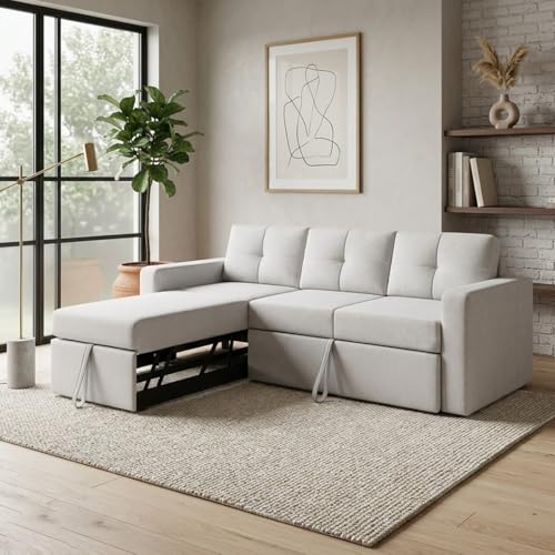 Image of FURNY Tira 4 Seater LHS Lounger Sofa Cum Bed (Light Gray) with Pull-Out Function | Luxury Velvet Suede Finish | Durable Comfort | Ideal for Living Room