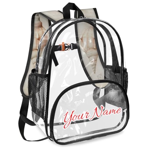 Personalized Large Clear Backpack Stadium Approved Heavy Duty PVC Plastic Custom Transparent Backpacks See Through Bag with Name, Vintage Shells Ocean Beach Theme2