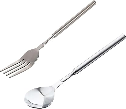 2 Stainless Steel Telescoping Fork Spoon Extendable Long Cutlery Telescopic Dining Art for Barbecue Camping