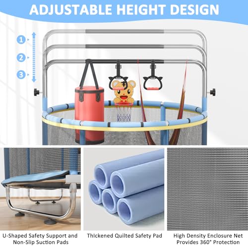60" Toddler Trampoline for Age 2-4, 9ft Mini Kids Trampoline Indoor with Basketball Ball Adjustable Gymnastics Bar & Toys Swing Enclosure Net for Backyard ASTM Approved - image 5