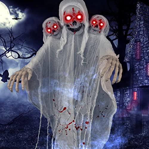 Fantômes d'Halloween à suspendre à têtes multiples de 1.8 m, maison hantée, accessoires effrayants fantômes volants Cover