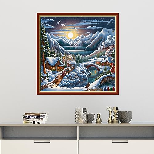 Image of Findvoor Stamped Cross Stitch Kits for Beginners Full Range of Cross Stitching Embroidery Pattern for Adults, 11CT DIY Needlepoint Embroidery Starter Kits-Snow Scenery 17.7x17.7 inch