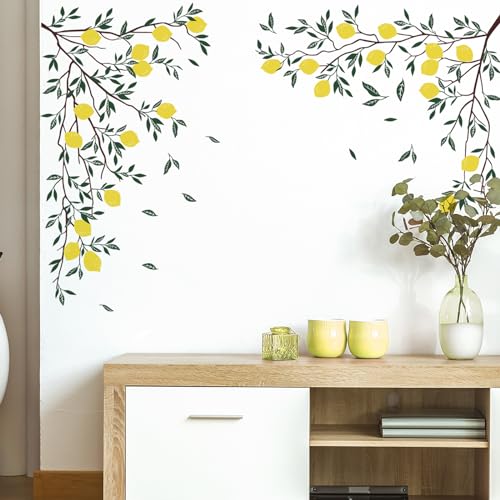 Supzone Lemon Tree Branch Wall Stickers Green Leaves Wall Decals DIY Vinyl Art Stickers for Bedroom Living Room Office Sofa Backdrop TV Decoration