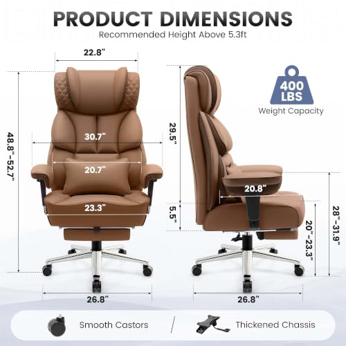 Image of BestGlory Office Desk Chair, Big and Tall Leather Gaming Chair with Footrest, Ergonomic Comfy Executive High-Back Reclining Computer Chairs, Wide Swivel Rolling Wheels and Padded Lumbar Support, Khaki