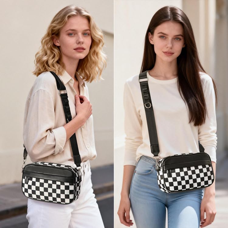 Image of Checkered Crossbody Bag for Women,Camera Sports Purses Lightweight Shoulder Bag Waterproof Purse