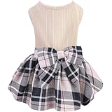 BINGPET 犬 服 ワンピース 犬の服 ペット服 洋服 チェック柄 春夏秋 トイプードル 服 可愛い 女の子 おしゃれ ドッグウェア ドレス スカート ペット用 袖なし お散歩 リボン付き 超小型犬 小型犬 中型犬 猫 (グレー＆チェック, M)