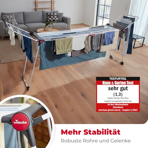 Vileda Infinity Flex Plus Wäscheständer | Ausziehbarer & Stabiler Flügeltrockner mit 30m XXL-Leinen - Für Innen- & Außenbereich, platzsparend & klappbar, 2m Länge, Hohe Flügel | Comfort-Pack