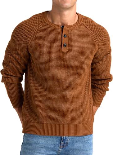 RQP Men's Henley Sweater Long Sleeve Button Crewneck Sweater Knit Sweater Casual Waffle Texture Pullover Sweater