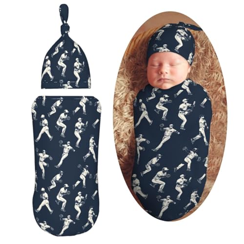Image of Cartoon Baseball Players Newborn Swaddle Blankets Hat Sets Soft Baby Receiving Blanket Swaddle Sack for Baby Shower Infant Boy Girl Gift