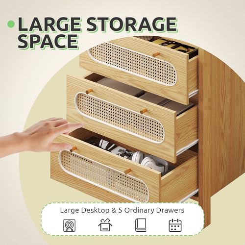 GOOBED Natural Rattan 5 Drawer Dressers Wooden Chest of Drawers with Golden Handles - Modern Large Boho Dressers Storage Cabinet for Living Room Hallway/Entryway Oak Nature