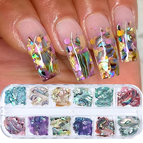 Abalone Seashell Nail Art Slices, Holographic 3D Mermaid Irregular Nail Art Glitter Flakes, Ocean Beach Shell Nail Sequins Supplies For Women Girls Manicure Sparkly Decoration, Diy Resin Nail Art Tips #TOP8