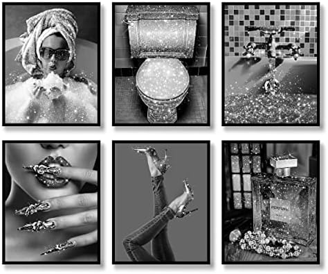 Fashion Wall Art Bathroom Wall Decor Prints Set of 6 Black and White Glam Glitter Canvas Posters Photos Toilet Bathroom Pictures Artwork Wall Modern Women Funny Bathroom Decoration (Black&White, 8"x10" UNFRAMED)
