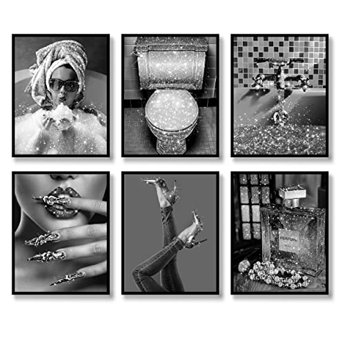 Fashion Wall Art Bathroom Wall Decor Prints Set Of 6 Black And White Glam Glitter Canvas Posters Photos Toilet Bathroom Pictures Artwork Wall Modern Women Funny Bathroom Decoration (Black&White, 8"X10" Unframed) #TOP13