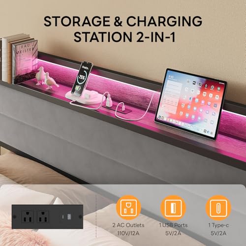 Image of LIKIMIO Queen Bed Frame with Storage Headboard and LED Lights, Metal Platform Bed with Charging Station, Noise Free, No Box Spring Needed, Under Bed Storage, Charcoal Gray