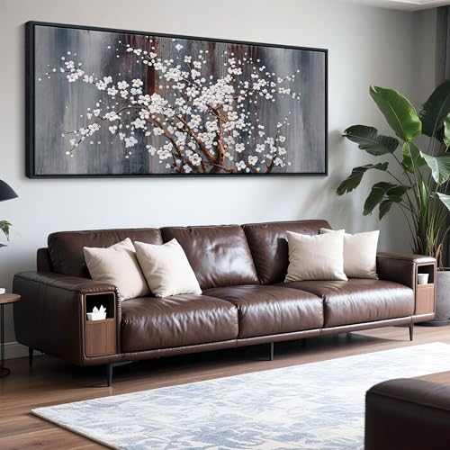 Image of AJAZIKO Large Plum Blossom Canvas Wall Art, Brown Wall Decor, Living Room Cherry Blossom Bedroom Pictures, Framed Artwork, Modern Canvas Paintings, 31x70