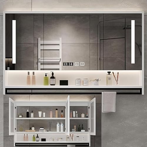 Mobiletto porta medicinali con specchio per bagno + luci LED 4000K e sbrinatore One Touch, mobiletto da parete intelligente a 3 ante (display tempo/temperatura) + portasciugamani allungabile, 60x80x