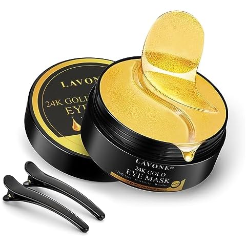 LAVONE Eye Mask-30 Pairs 24K Gold Under Eye Patches Skin Care Products-Eye Masks Skincare for Dark Circles and Puffiness,Reduce Wrinkles,Eye Bags and Fine Lines,for Women and Man,with Hair Clips Cover
