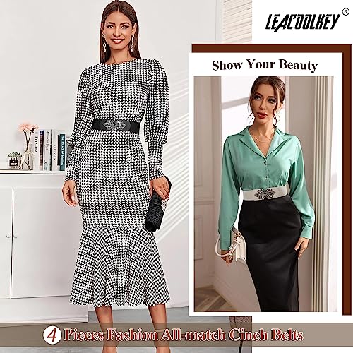 LEACOOLKEY 4 Pack Women Wide Elastic Waist Belt for Dress Plus Size Vintage Stretch Cinch Belt Retro Buckle 2.36" Width4