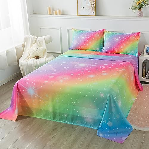 Adasmile A & S KIDS BED SHEETS Rainbow Fitted Sheet For Girls 4 Pieces Rainbow Sheets Full For Kids Tie Dye Pastel Glitter Rainbow Bed Sheet thumb #6