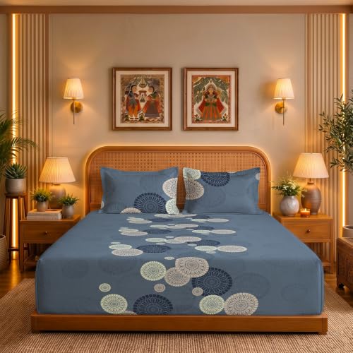 Image of Urban Space Serene 300TC 100% Cotton Bedsheet for Double Bed, Panel Design Bedsheet, Printed Queen Size Bed Sheet with 2 Pillow Covers (90 x 100 Inches, Moonstone Dusty Blue)