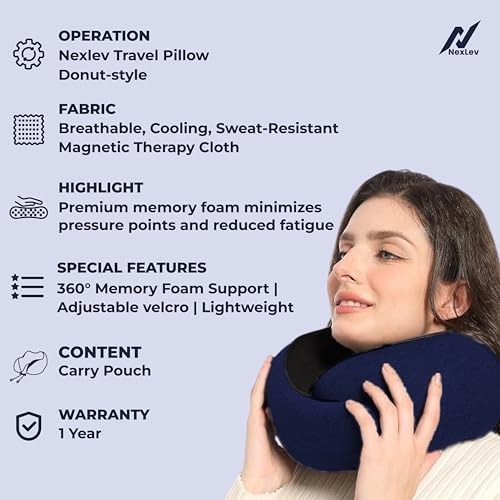 Image of nexlev Travel Neck Pillow | Orthopedic Premium Memory Foam | for Airplane, Car, Train, Office use & Cervical Pain | Machine Washable | 360 Support | Carry Pouch for Storage | NP-06