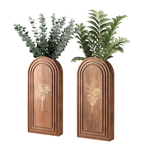 Rustic Wood Wall Planter - Decorative Hanging Vase for Dried Flowers & Artificial Plants, Farmhouse Wall Art Decor for Living Room & Entryway, Set of 2 Faux Greenery Holder (Not for Live Plants)