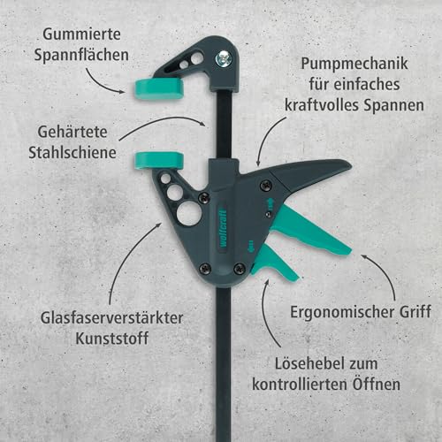 wolfcraft Mini-Einhandzwingen - 3455100 - Zwingen Set zum Fixieren von kleinen Werkstücken - 2 Stück - Anwendung mit nur einer Hand - für Hobby und Bastelprojekte - 30 kg Spannkraft