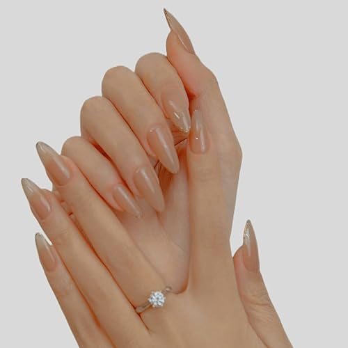 Uñas postizas a presión de gel nude con forma de almendra, uñas hechas a mano, uñas francesas a presión, uñas postizas con pegamento para mujeres y