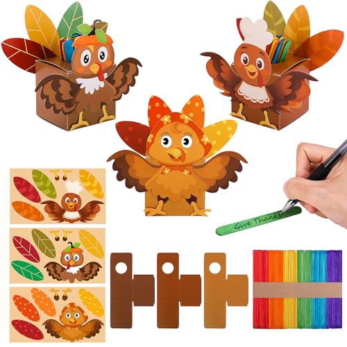 Wehhbtye 24 Set Thanksgiving Turkey Paper Jar Craft, Thankful Turkey DIY Boxes with Wooden Stick, Fall Gratitude Prayer Jar Crafts for Religious Party Supplies Handicraft Art Decoration