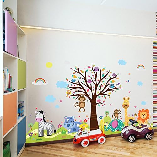 Wallflexi Office Home Decoration Wall Stickers "Happy Hills & Zoo" Wall Murals Removable Self-Adhesive Decals Art Nursery Kindergarden School Baby Toddler Children Kids Room Decoration, Multicolour