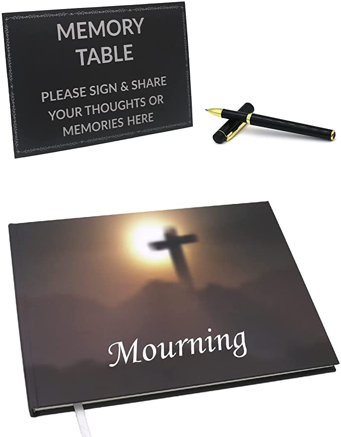 NOVATIVE PRODUCTS Funeral Guest Book with 82 Pages (41 Sheets) - Pen Set and Table Sign - Funeral Guest Book for Memorial Service - Guest Book for Funeral Celebration of Life Guests with Sun Rise