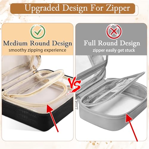 Travel Makeup Bag - Large Capacity Cosmetic Bag with Makeup Brush Bag, Leather Makeup Travel Case Open Flat Makeup Case, Cute Makeup Organizer Bag for Women Girls, Black