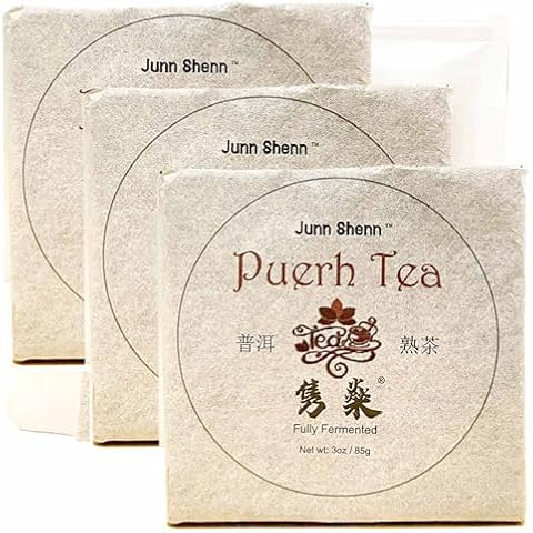 Junn Shenn Chinese Puerh Tea Fermented Fully, Black Tea, 5 Years Age Dark Tea, 8 Cups/Grid, 9 Grids/Brick, 3 Bricks, 9 Oz Cover
