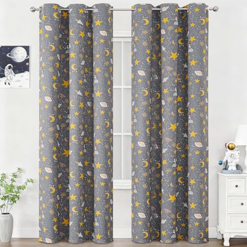 Image of Grey Unicorn Planet Room Darkening Curtains 84 Inch Long for Kids Bedroom
