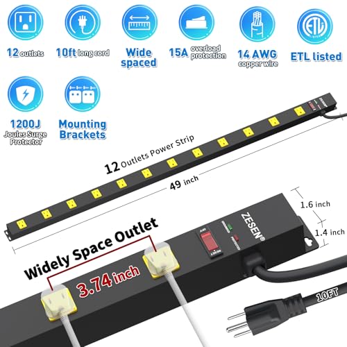 Image of 12 Outlet Industrial Power Strip with 15Ft Cord, 1875W Heavy Duty Metal Power Strip with Wide-Spaced Outlets & Overload Protection, ETL Listed for Garage, Workshop, Office, Home