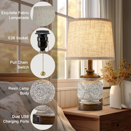 195-Farmhouse-Bedside-Table-Lamps-Set-of-2-Rustic-Lamps-for-Nightstand-Bedroom-with-USB-Ports-Vintage-Traditional-White-Carved-Floral-Night-Light-Lamps-for-Living-Room-End-Tables-Decor 195 Farmhouse Bedside Table Lamps Set of 2 Rustic Lamps for Nightstand Bedroom with USB Ports Vintage Traditional White Carved Floral Night Light Lamps for Living Room End Tables Decor