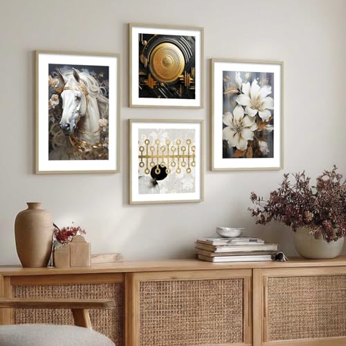Image of kotart Premium Golden and Black Horse Paintings with Frame for Home Decoration - Modern Art Painting for Living Room Bedroom Office Wall Decoration - Pack of 4 (Art 6, Big (13x17 or 13x13 inch))