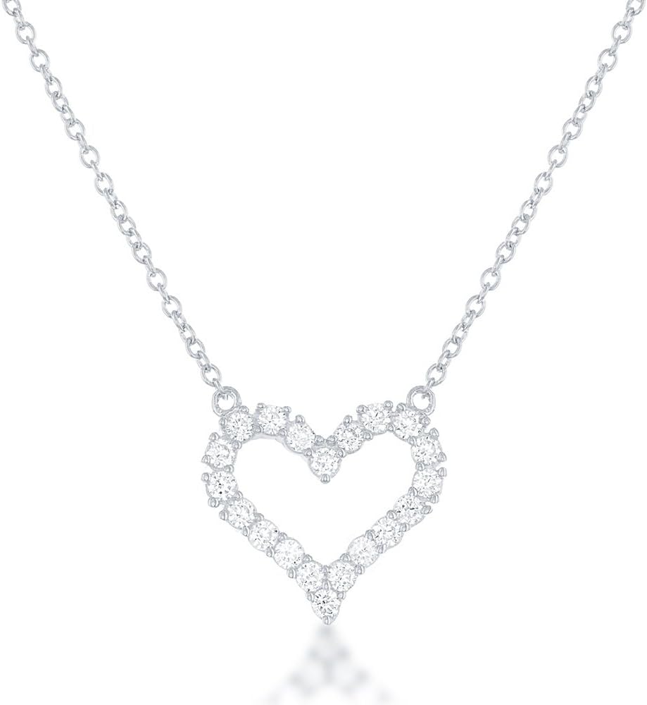 Sterling Silver 16" + 2" Extension CZ Small/Large Open Heart Necklace