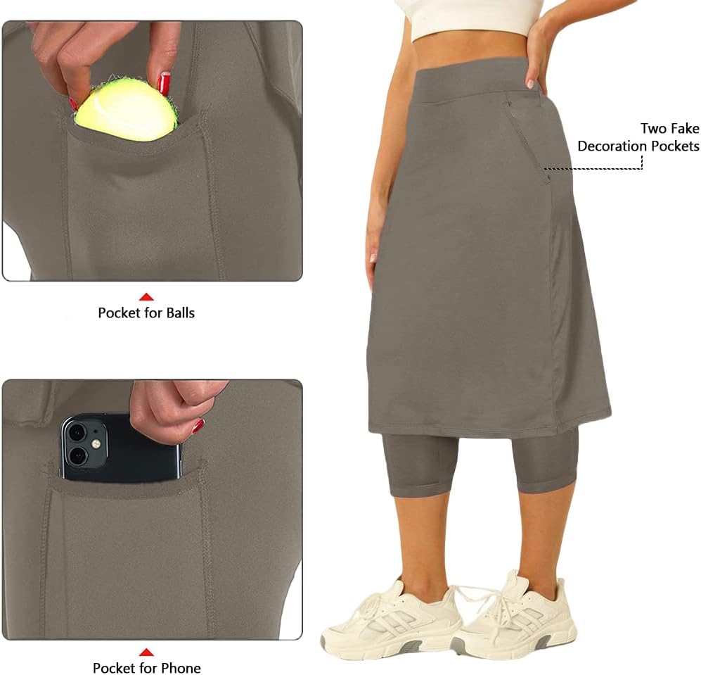 Aurgelmir Womens Tennis Skirt with Capris Leggings Golf Knee Length Skorts Athletic Long Skirts for Women with Pockets - Image 4