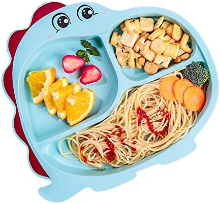 THERDO Toddler Plate and Utensil Set, Divided Baby Plate, Self Feeding Training for Baby, Bamboo Kids Food Plate BPA Free, Microwave Dishwasher Safe, Cute Dinosaur Shaped Cartoon Feeding Plate(Blue)