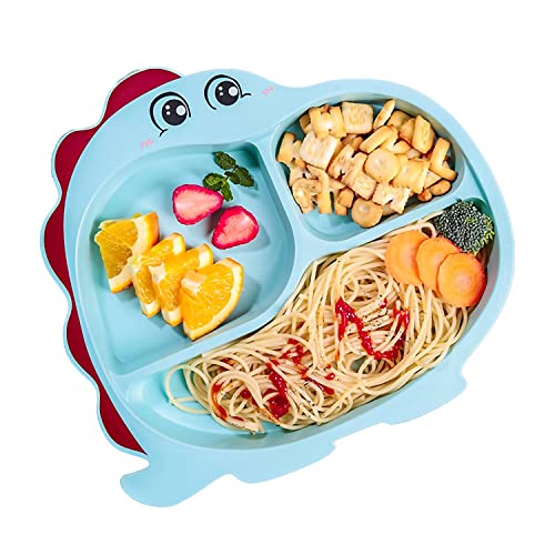 Therdo Toddler Plate And Utensil Set, Divided Baby Plate, Self Feeding Training For Baby, Bamboo Kids Food Plate Bpa Free, Microwave Dishwasher Safe, Cute Dinosaur Shaped Cartoon Feeding Plate(Blue) #TOP21