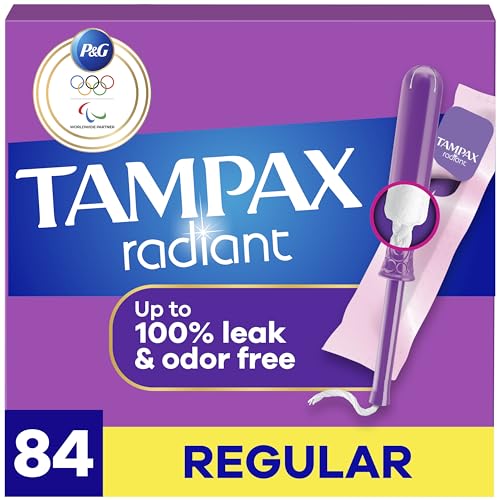 Tampax Radiant Tampons for Women, with LeakGuard Braid, Regular Absorbency, Unscented, 84 Count (3 Packs of 28)