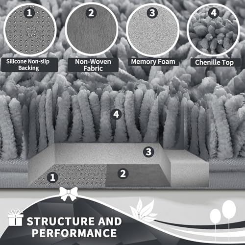 Image of Yimobra Toilet Rugs U Shaped Washable, Extra Thick Soft Absorbent Chenille Contour Bathroom Rugs for Toilet 24x20 Inch, Quick Dry Non Slip Toilet Mat for Bath Floor, Silver