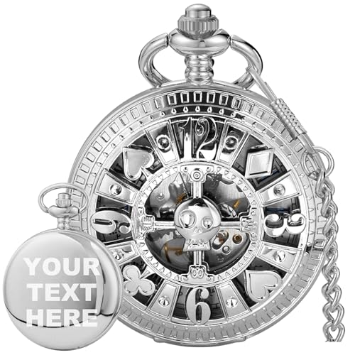 Image of Men's Mechanical Hollow Design Hand Wind Pocket Watch Roman Numerals Steampunk with Chain Box