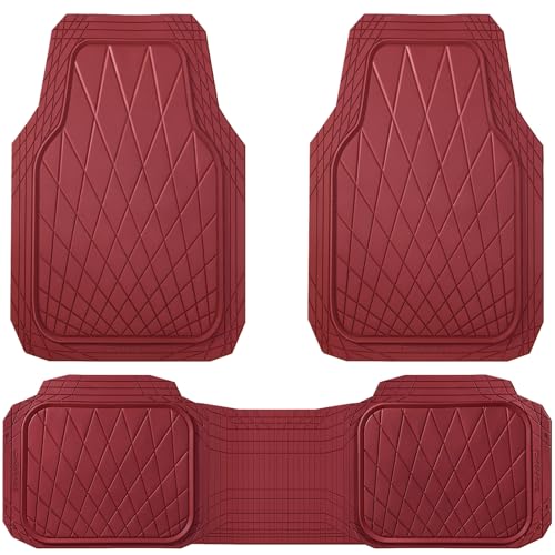 CAR PASS Heavy Duty Rubber Car Floor Mats Waterproof Universal Trim-to-Fit Car Mats All Weather Floor Mats for SUV Truck Sedan Premium Auto Floor Mats Full Set 3 Piece Anti-Slip All Burgundy Red