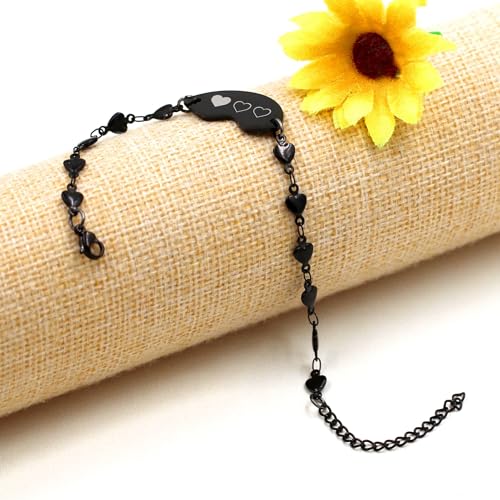Image of 3pc Puzzle Heart Pieces Bracelets for Women Adjustable Stainless Steel Black Heart Link Bracelet for Sisters Friend Family Friendship Gifts YA4838