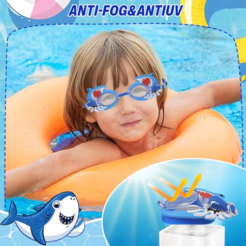 Image of PROBEROS Kids Swimming Goggles - Anti-Fog UV Protection, Adjustable Silicone Seal for Leak-Free Fit, Cartoon Shark Design with Free Ear Plugs & Case (6-12 Years)