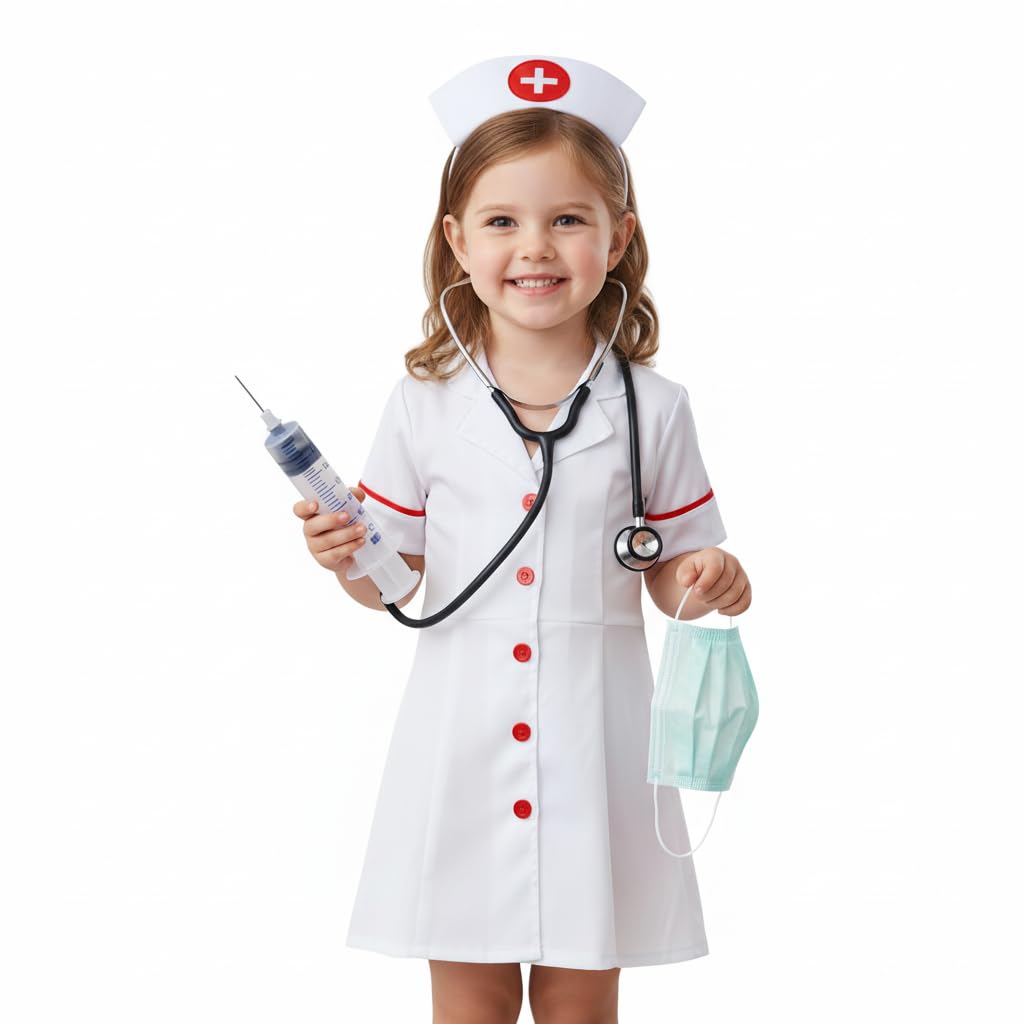 Kids Nurse Dress Costume With Injection, Mask, Stethoscope, Headgear | Fancy Dress Costume For Kids-image-45
