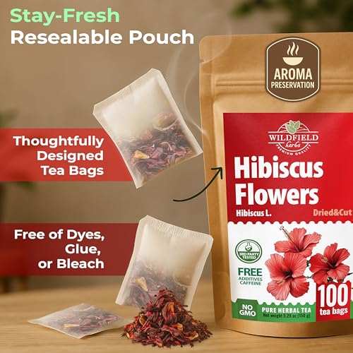 Image of 100 Bags Dried Hibiscus Flower Tea Herbal Flor De Jamaica (Hibiscus) - 100 Count 1.5g Tea Bags Dried Flowers Herb Hibisko