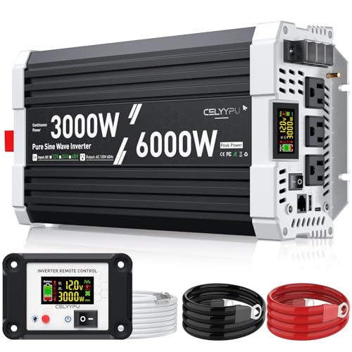 Image of 3000 watt Pure sine Wave Inverter, 12V DC to 110V AC Power Inverter, Used for Solar Emergency Power Supply in RV Homes, with 3 AC Output sockets, USB Port, Type-C Port, Remote Control with LCD Screen